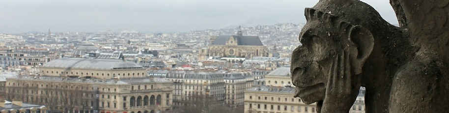 Gargoyle on Notre Dame overlooking Paris.